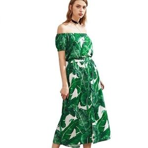 Off the Shoulder Dress - Green White Palm Leaf